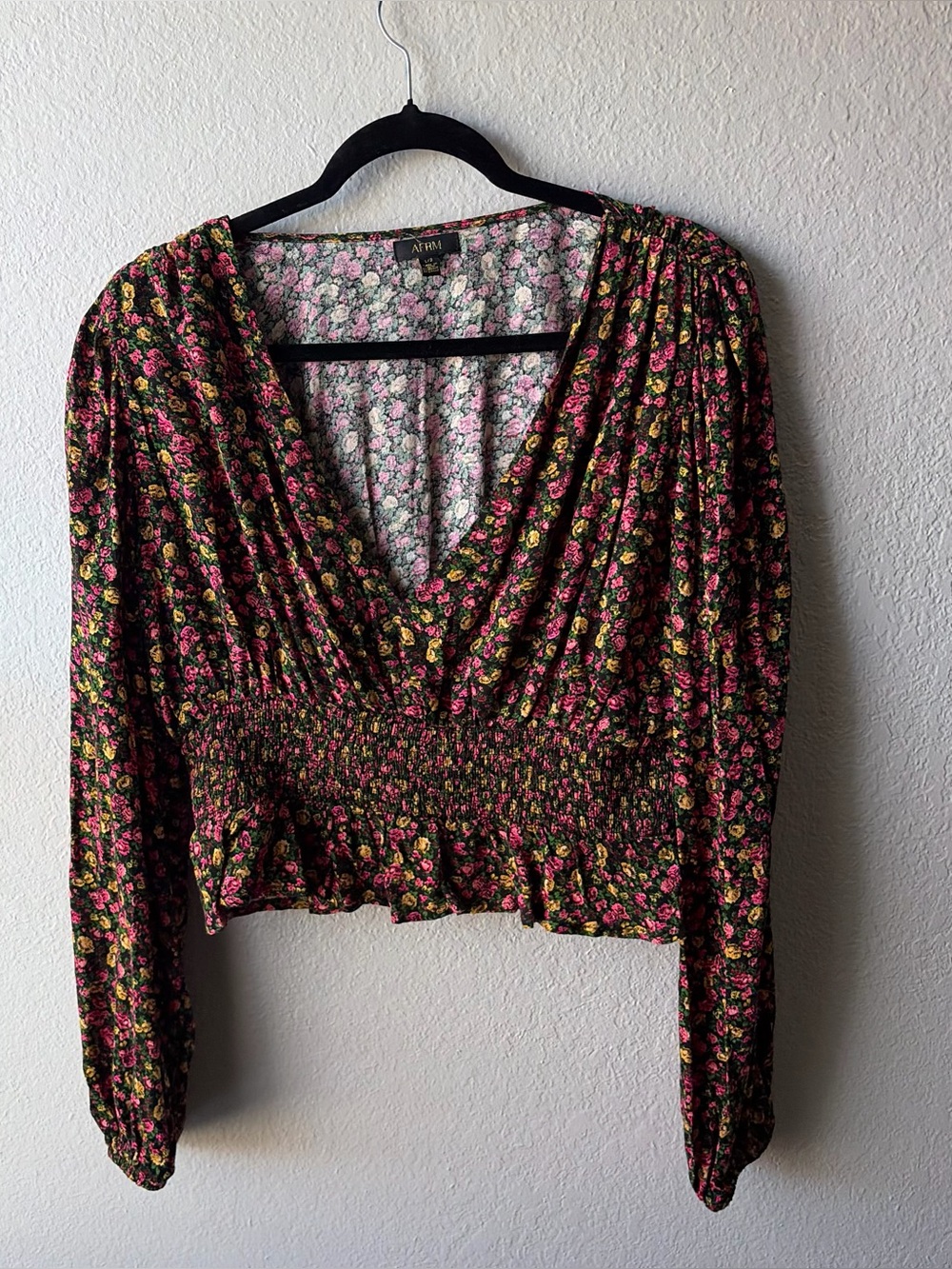 AFRM woman’s ditzy Floral Smocked V-Neck Long Sleeve Top L cottage core chic